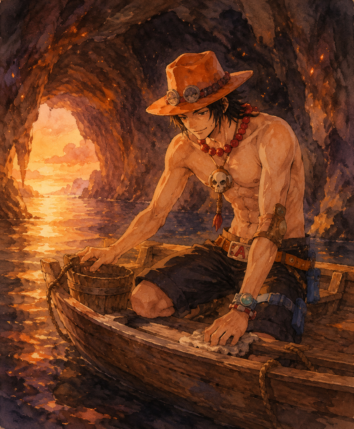 Tending to his small wooden boat on the sea In a dark cavern illuminated by flickering embers (soft watercolor illustration, warm sunset tones)