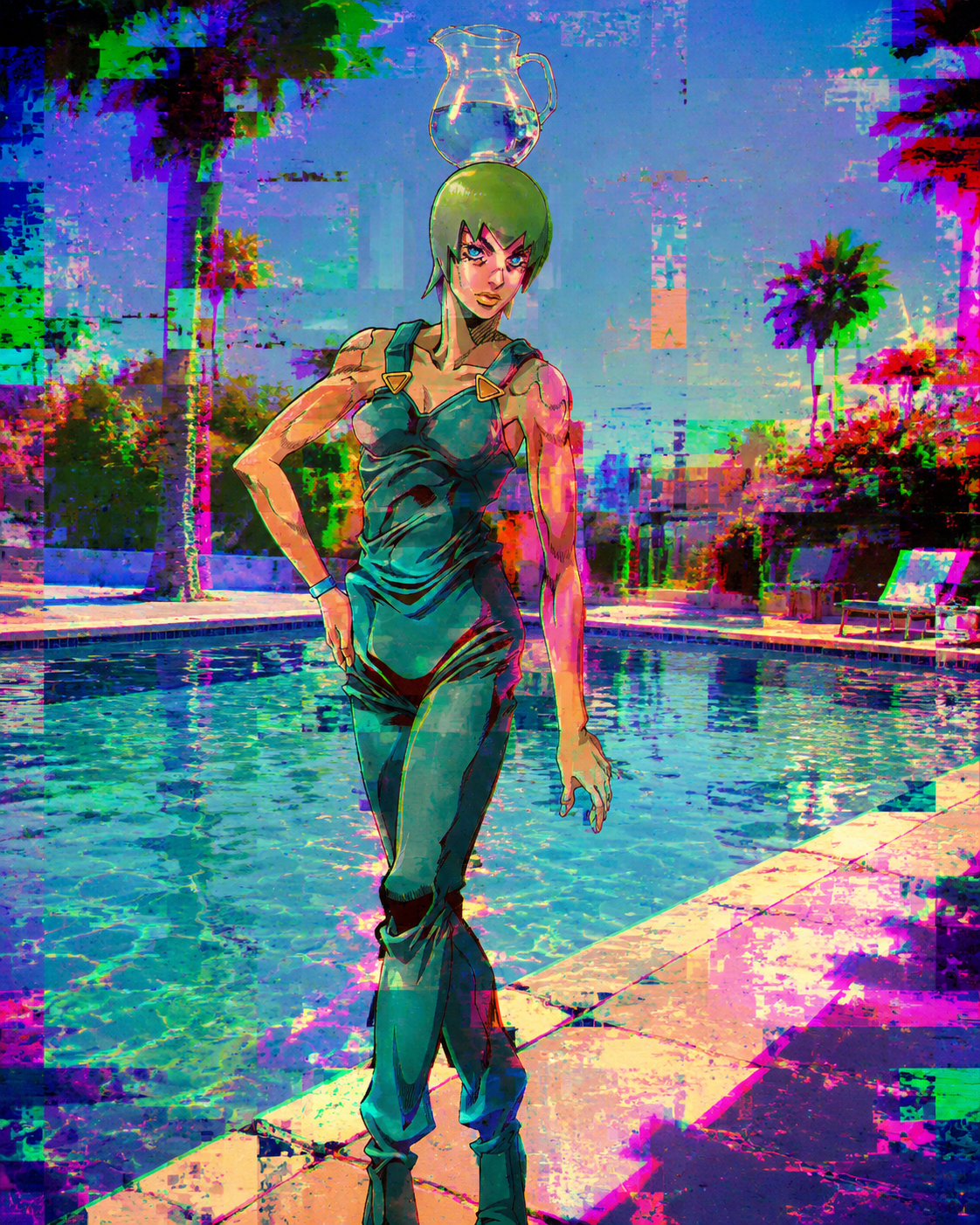 Balancing a pitcher of water on her head At the edge of a sun-drenched swimming pool (cybernetic glitch art, distorted digital colors)