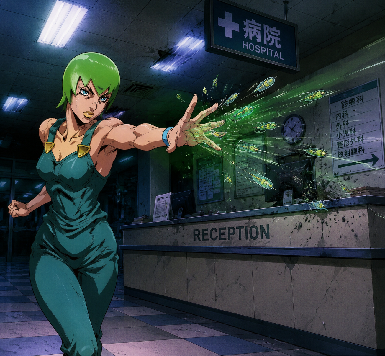 Firing high-velocity plankton bullets from her hand At a quiet hospital reception desk under flickering lights (90s retro anime style, vibrant cel shading)