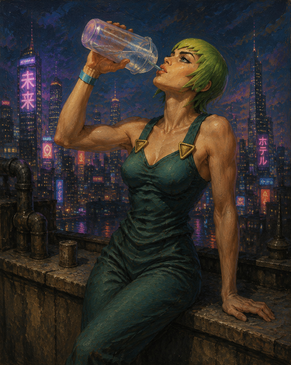 Hydrating obsessively from a large plastic cup On a rooftop overlooking a futuristic neon skyline (classic oil painting, rich textures and lighting)