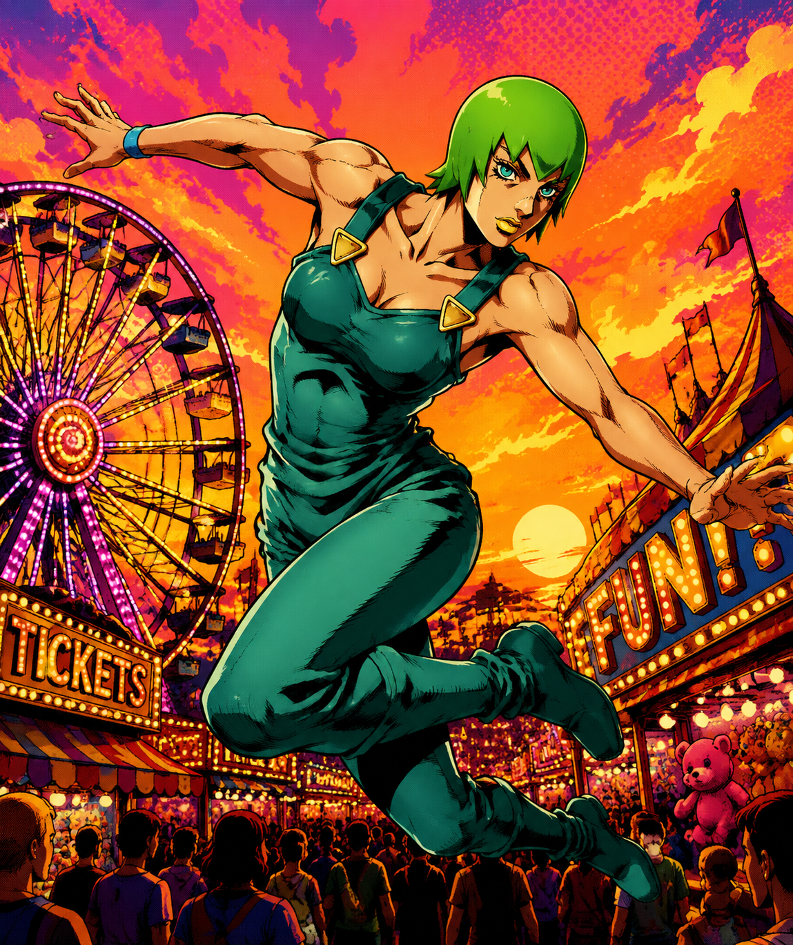 Leaping through the air in a dynamic pose At a bustling carnival during a summer sunset (high-contrast pop art, bold halftones)