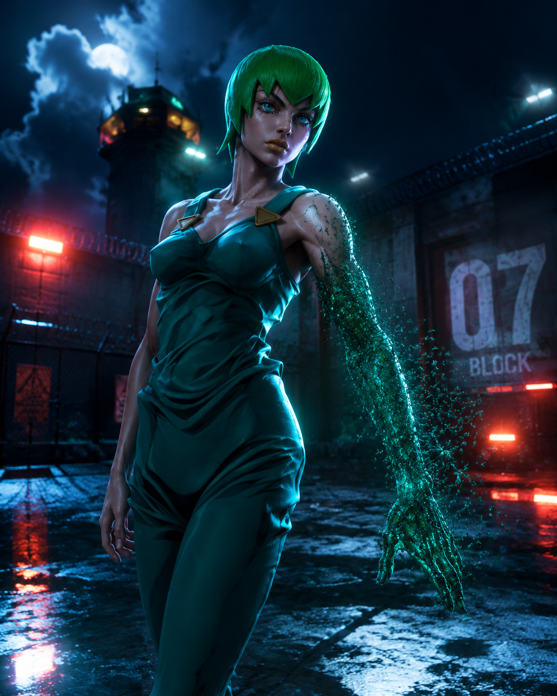 Regenerating her arm using a swarm of organisms In a high-security prison courtyard at midnight (cinematic 3D render, glowing neon accents)