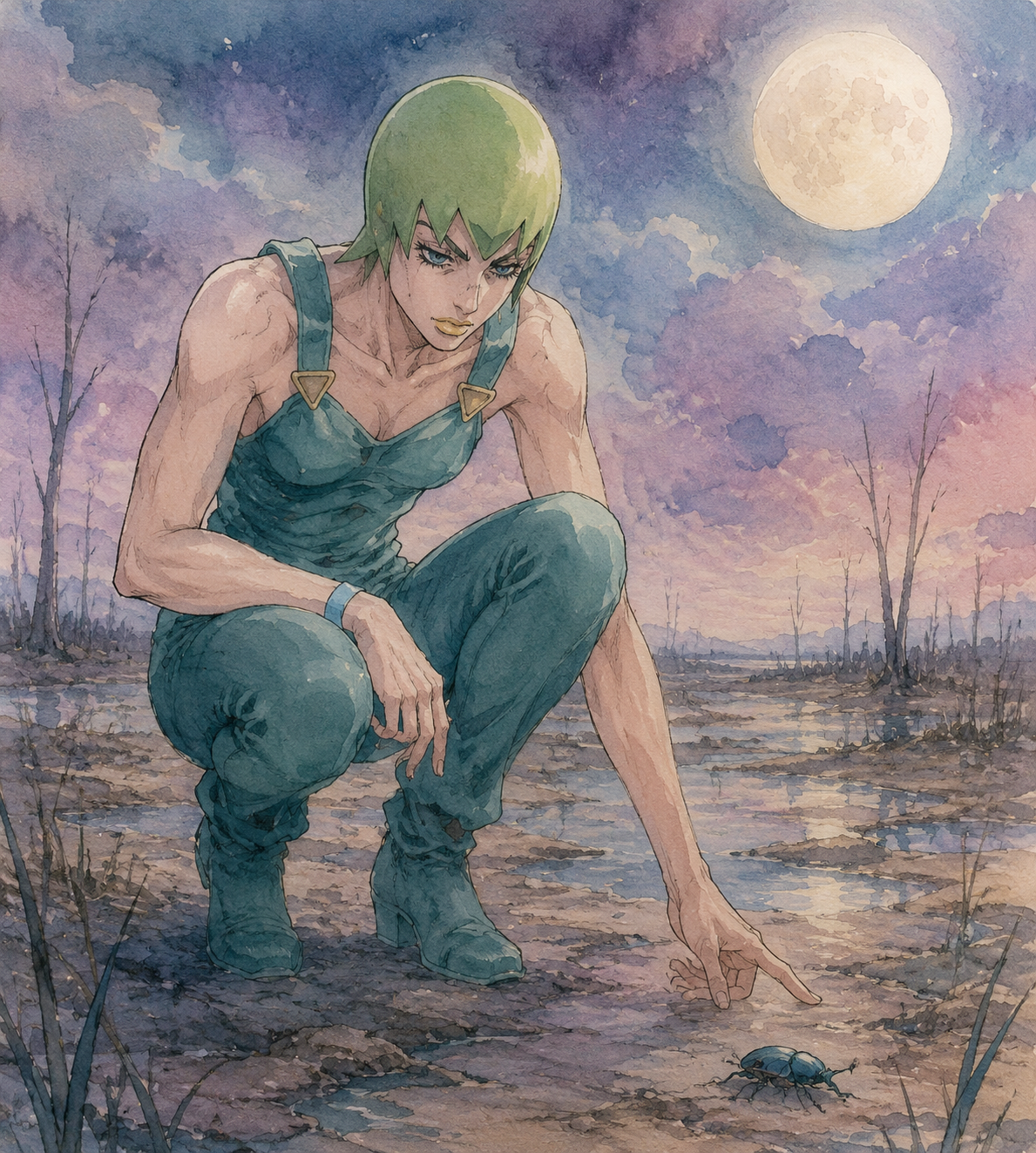 Staring intensely at a small crawling beetle On a desolate marshland under a full moon (soft watercolor wash, dreamlike pastel tones)
