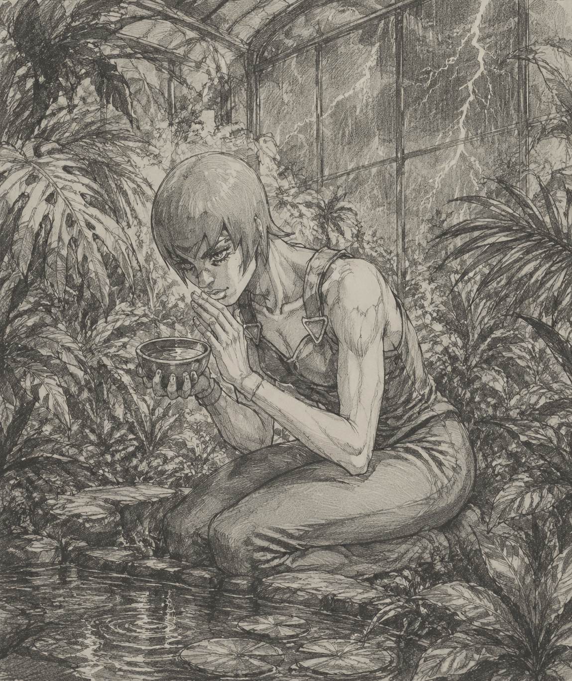 Whispering secrets to a cup of pond water In a lush tropical greenhouse during a thunderstorm (delicate pencil sketch, rough charcoal textures)