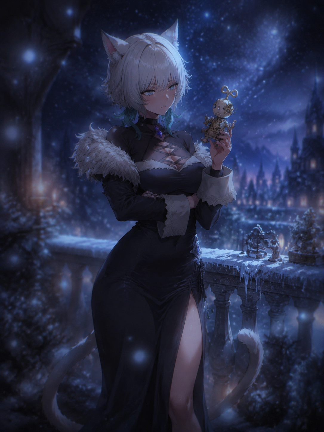 Examining a curious mechanical toy with skepticism At a frost-covered balcony during a midnight snowstorm (ethereal dreamcore, blurred edges and glowing particles)