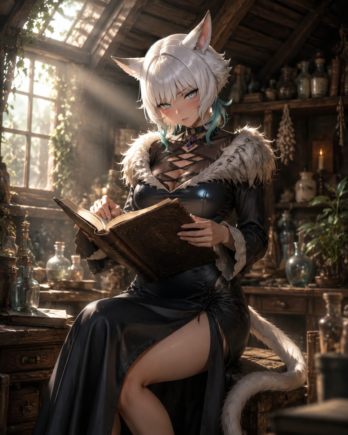 Leafing through a weathered leather-bound grimoire In a sun-drenched attic filled with magical curios (hyper-realistic digital render, cinematic volumetric lighting)