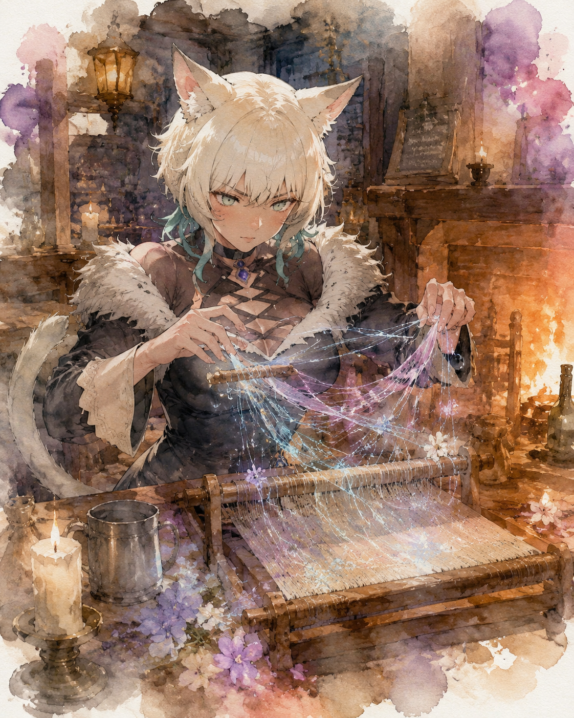 Practicing a delicate weaving spell with focused intensity At a cozy tavern table near a roaring fireplace (delicate watercolor, soft pastel bleeds)