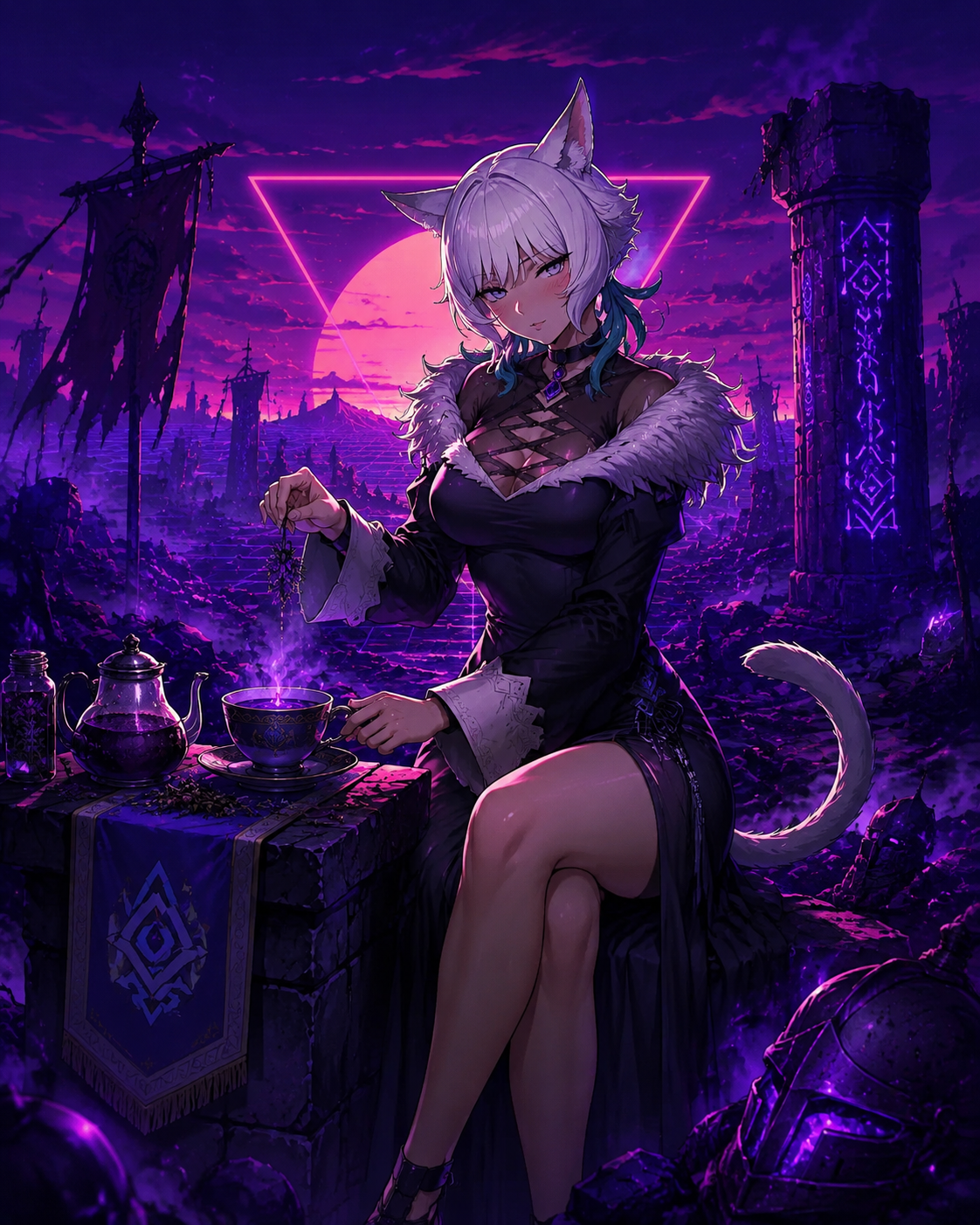 Steeping a cup of fragrant herbal tea On a desolate battlefield littered with ancient ruins (vibrant synthwave, neon glow and dark purples)