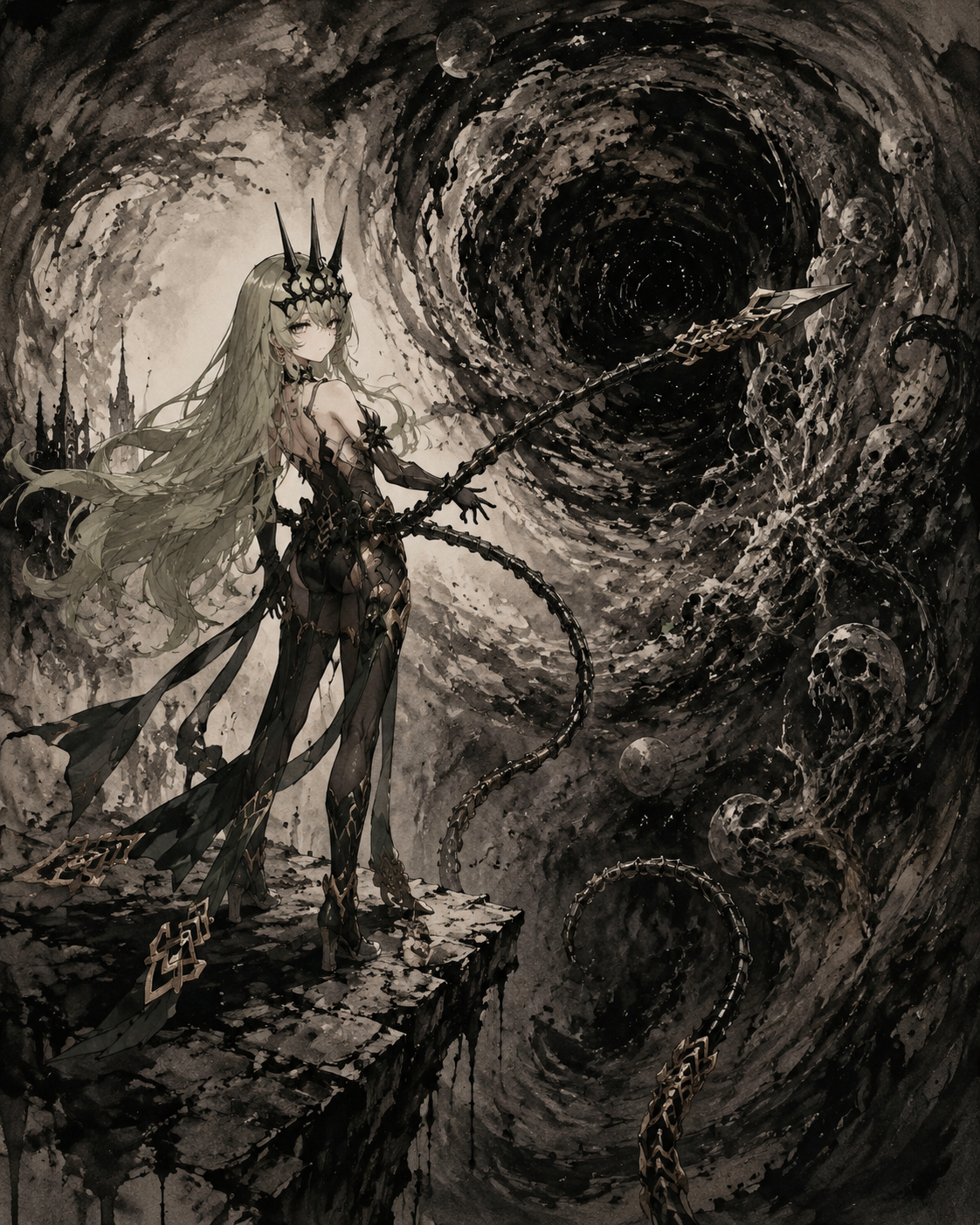 Adjusting her mechanical snake-like appendages At the edge of a swirling cosmic abyss (gothic horror illustration, ink wash style)