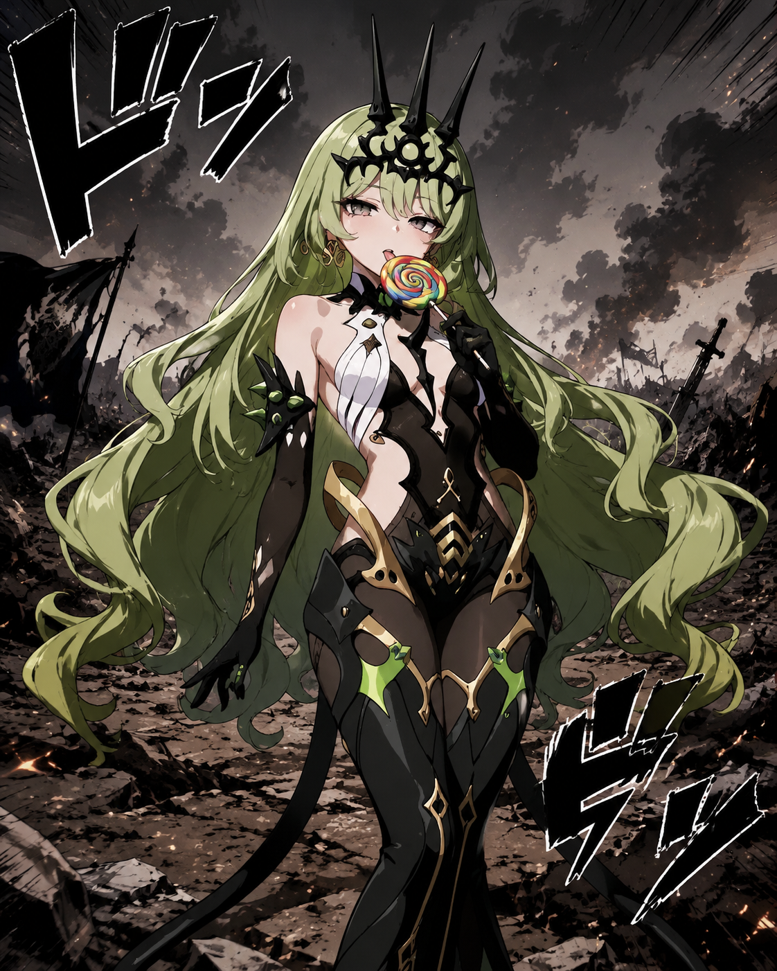 Eating a colorful swirl lollipop On a desolate battlefield littered with wreckage (sharp cel-shaded, high-contrast action manga)