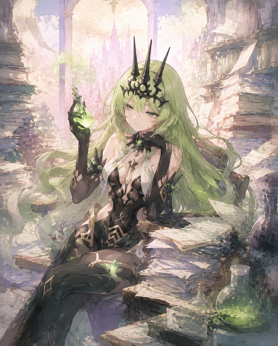 Examining a glowing green serum vial In a cluttered office with towering stacks of papers (soft watercolor, pastel dreamscape)