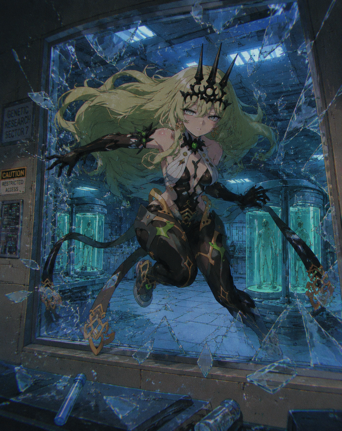 Leaping through a shattered glass window In a sterile underground genetic laboratory (retro 90s anime, lo-fi aesthetic)