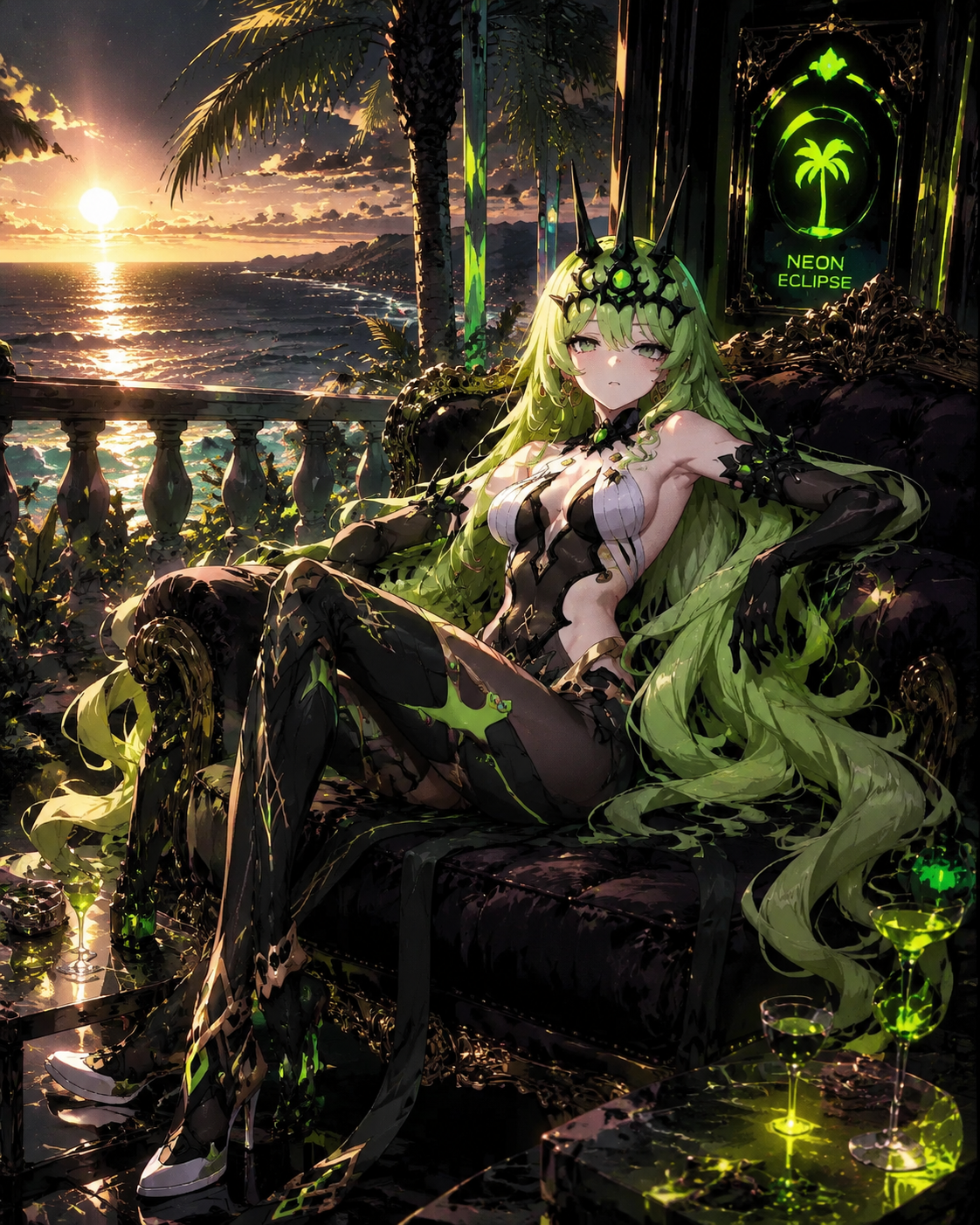 Lounging across an ornate velvet armchair On a sun-drenched balcony overlooking the ocean (dark synthwave aesthetic, neon green highlights)