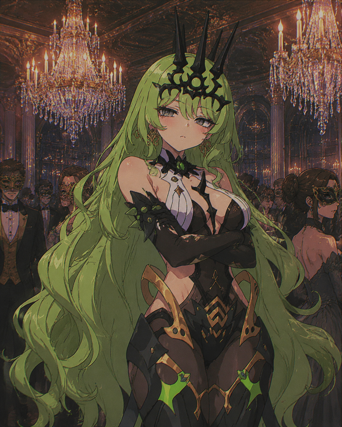 Pouting while crossing her arms At a masquerade ball under crystal chandeliers (retro 90s anime, lo-fi aesthetic)