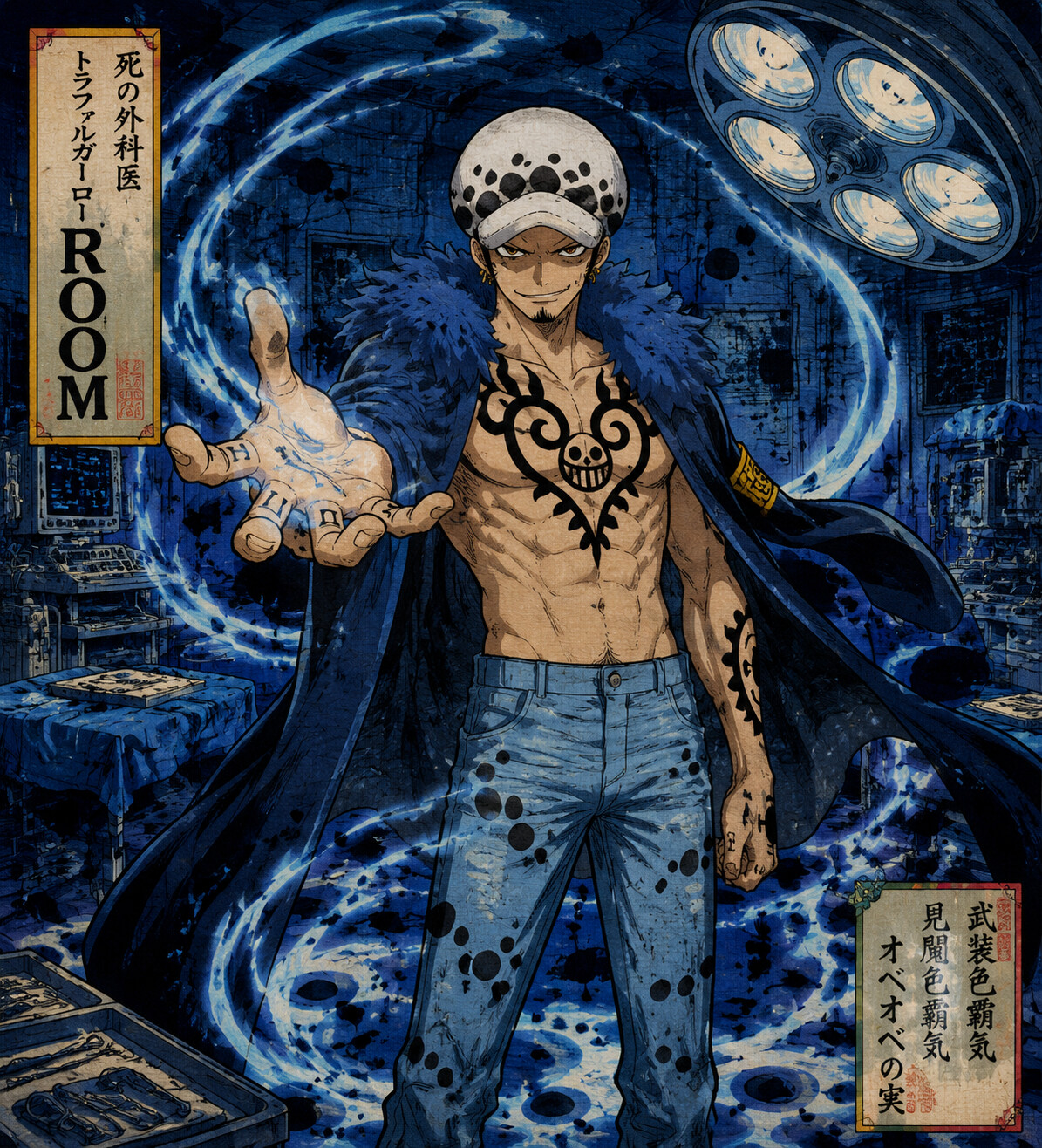 Activating his ROOM ability with a smirk in a dim operating room with clinical blue lighting (vibrant Ukiyo-e woodblock print)