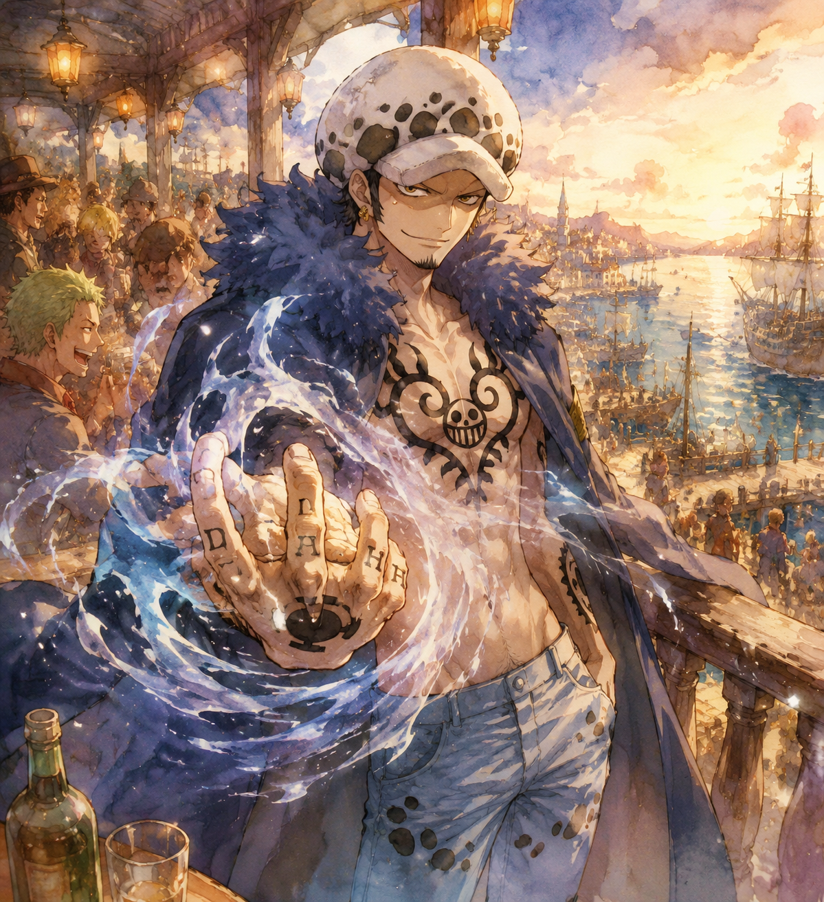 Activating his room ability with a smirk On a crowded tavern balcony overlooking the harbor (dreamy watercolor anime, soft glowing lighting)