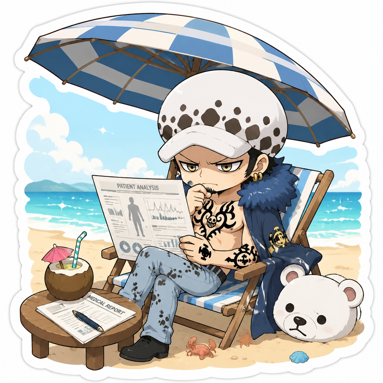Analyzing a complex medical chart through narrow eyes At a sunny beach under a striped parasol (chibi sticker art, clean lines and pastel colors)