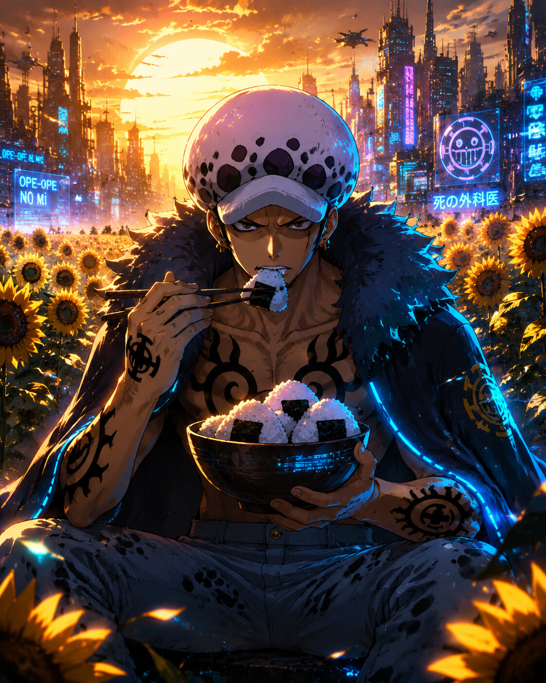 Eating a bowl of onigiri with focused intensity in a field of sunflowers under a golden sunset (cyberpunk digital art)