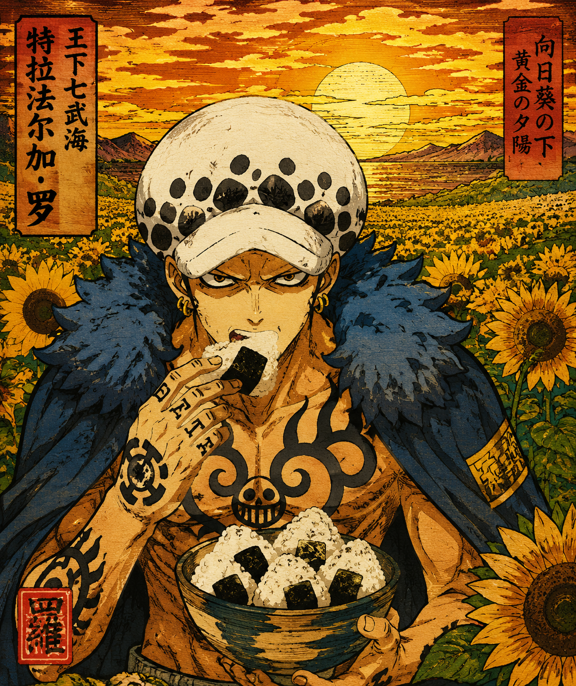 Eating a bowl of onigiri with focused intensity In a field of sunflowers under a golden sunset (vibrant Ukiyo-e woodblock print, bold colors)