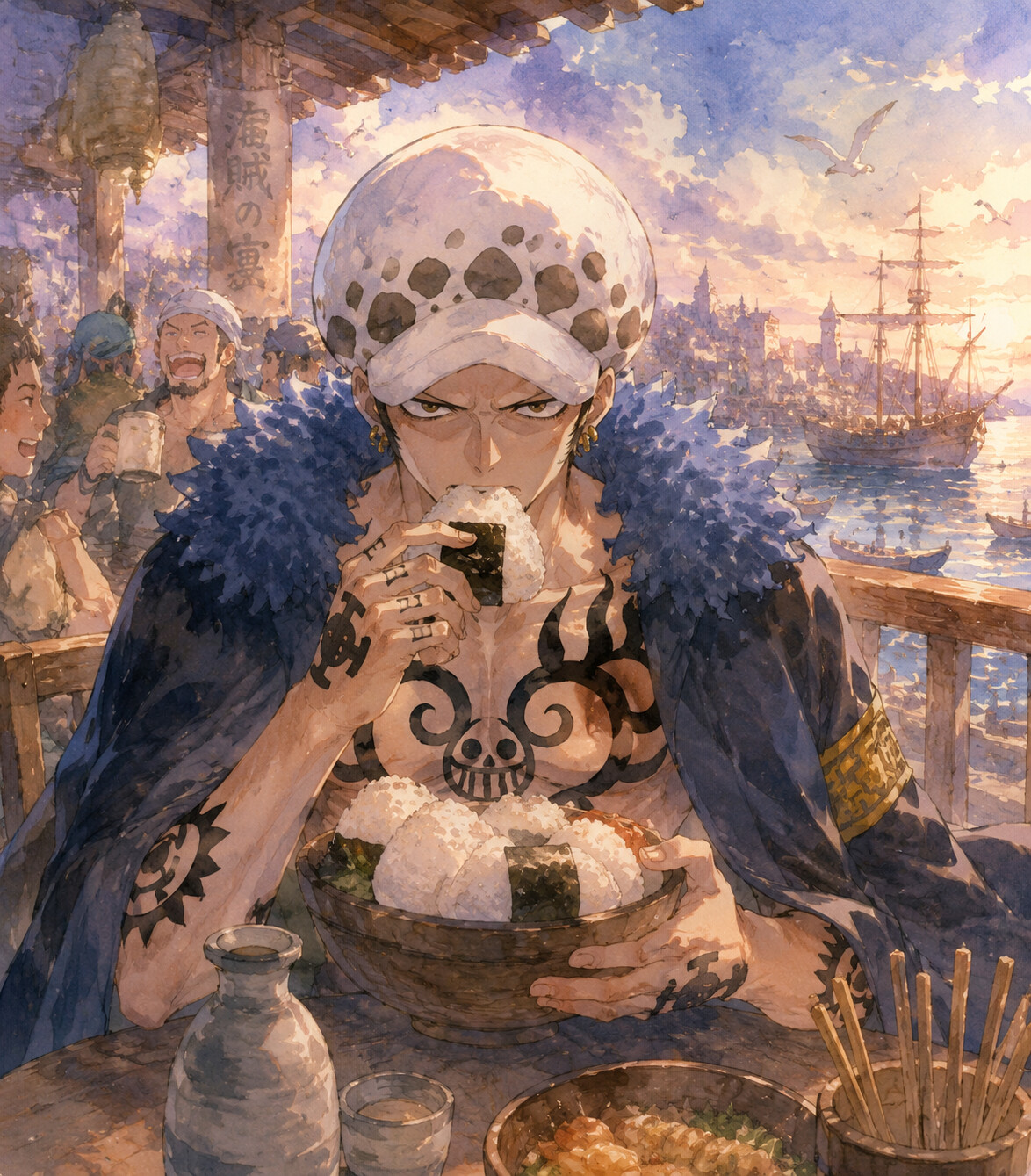 Eating a bowl of onigiri with focused intensity on a crowded tavern balcony overlooking the harbor (dreamy watercolor anime)