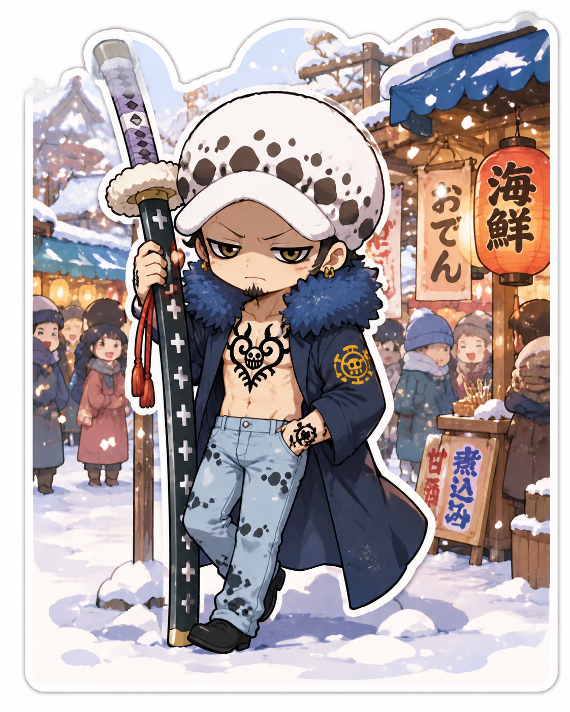 Leaning against his nodachi kikoku while waiting At a bustling winter market during a snowfall (chibi sticker art, clean lines and pastel colors)