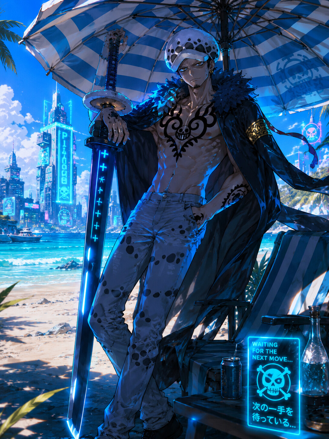 Leaning against his nodachi Kikoku while waiting at a sunny beach under a striped parasol (cyberpunk digital art)