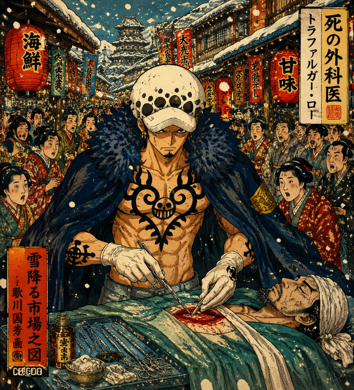 Operating on a patient with surgical precision at a bustling winter market during a snowfall (vibrant Ukiyo-e woodblock print)