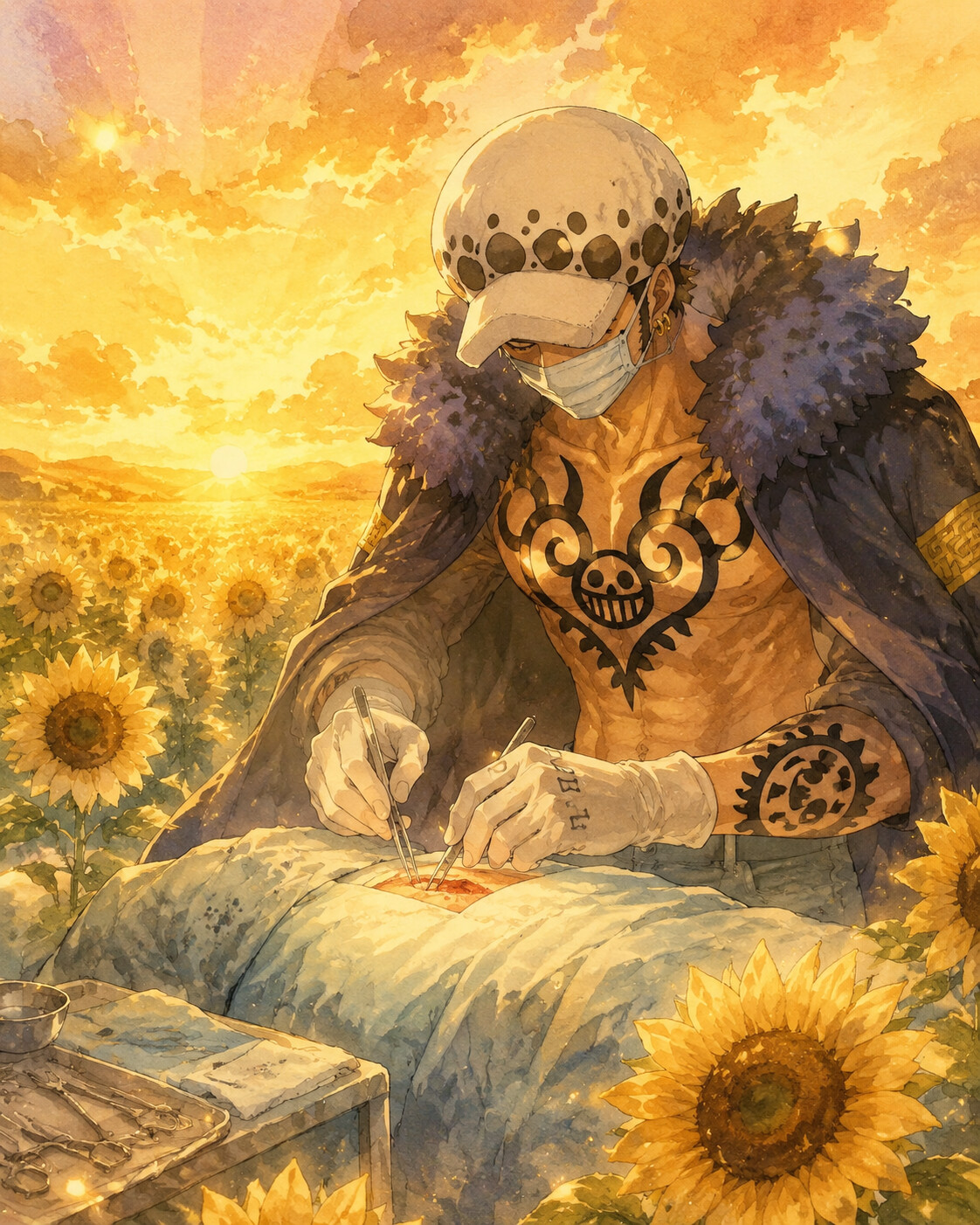 Operating on a patient with surgical precision in a field of sunflowers under a golden sunset (dreamy watercolor anime)