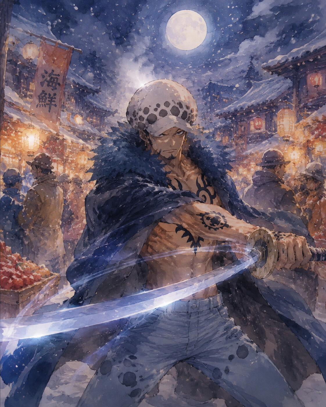 Practicing a fluid sword strike under moonlight at a bustling winter market during a snowfall (dreamy watercolor anime)