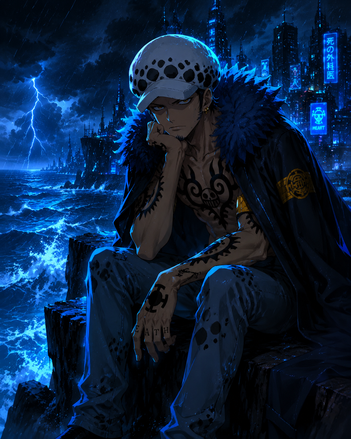 Resting his chin on his tattooed hand On a jagged cliffside overlooking a stormy ocean (cyberpunk digital art, neon blue highlights)