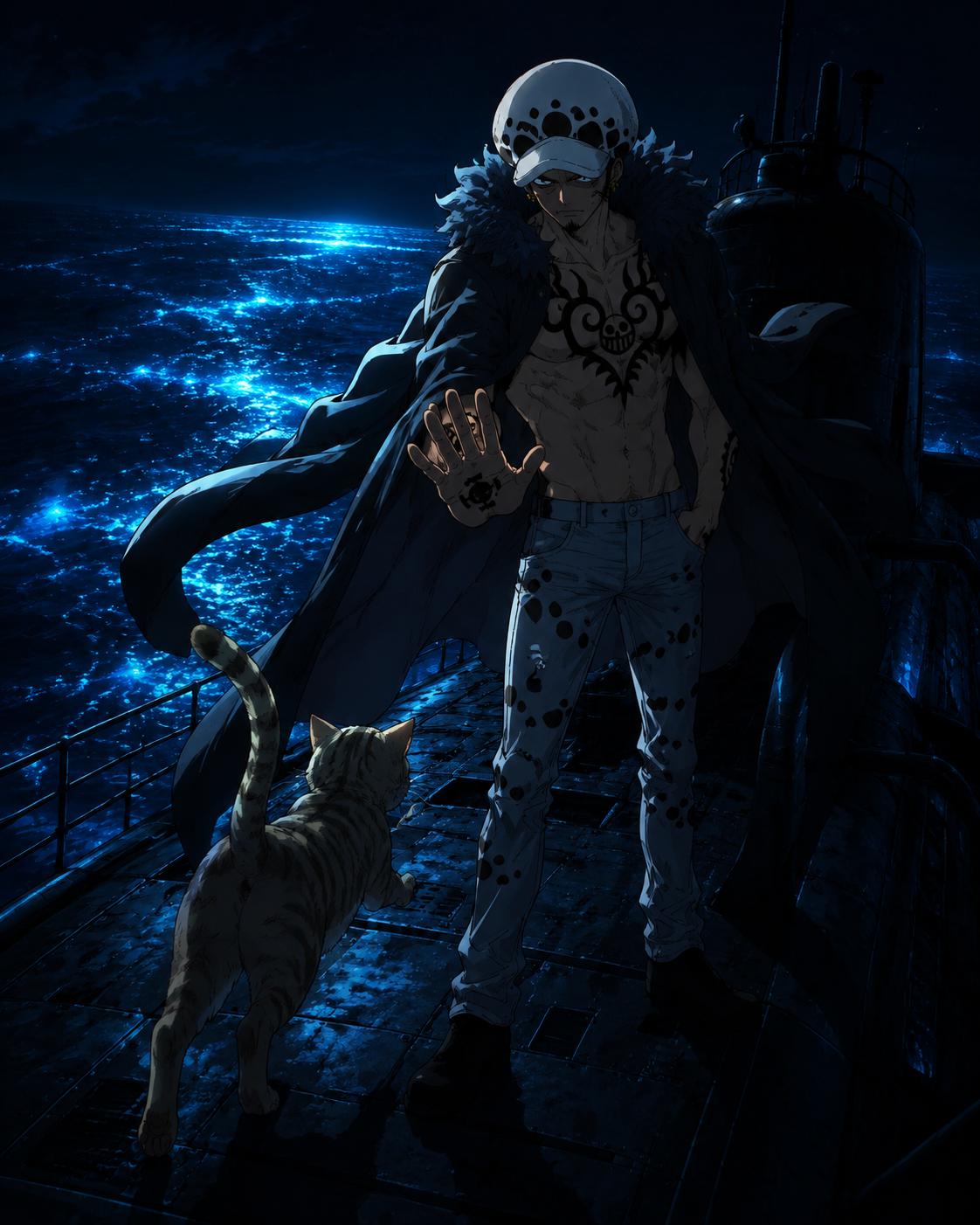 Shooing away a friendly stray cat On the deck of a submarine under bioluminescent seas (cinematic noir, dramatic shadows and high contrast)