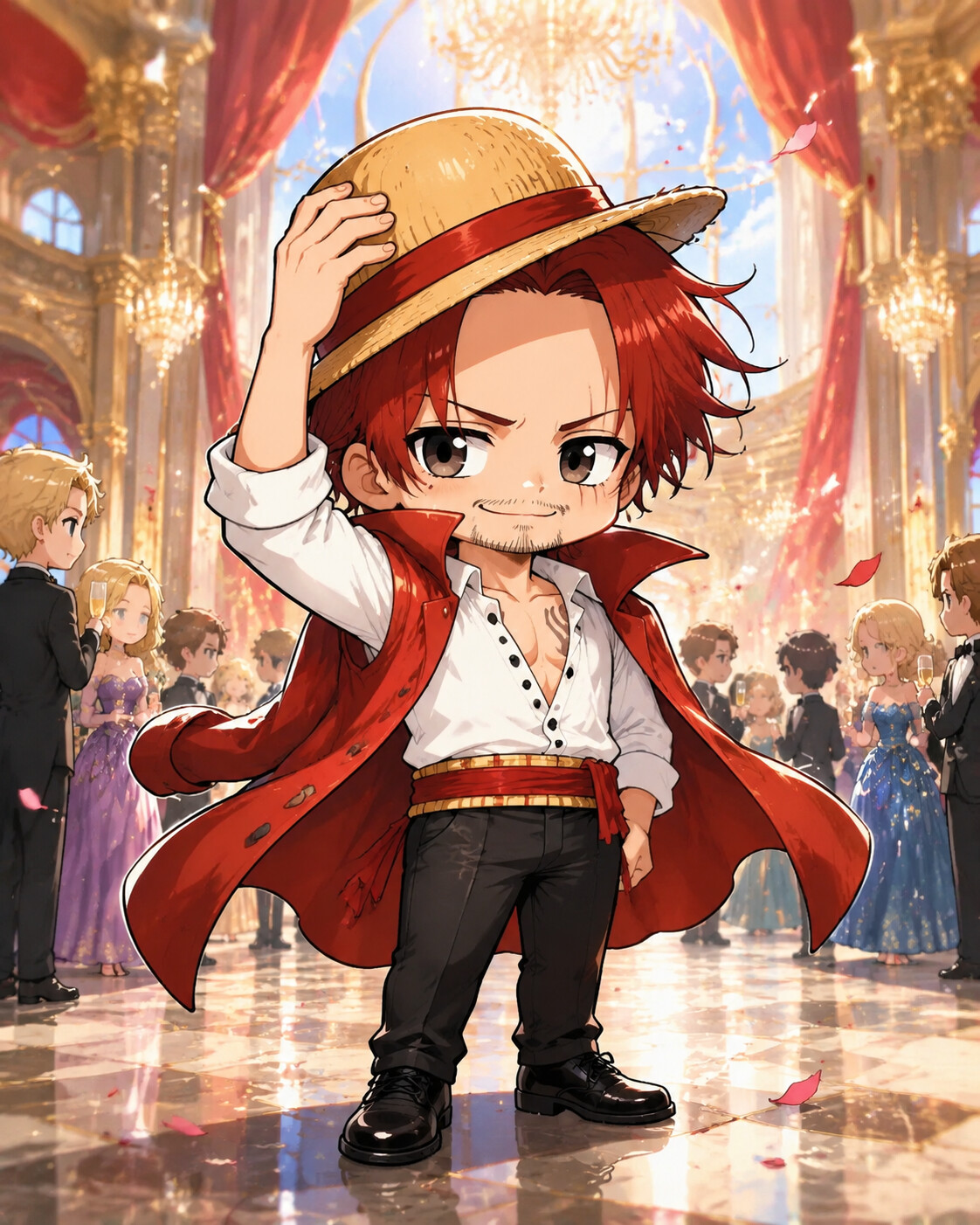 Adjusting his straw hat in the wind at a formal gathering in a grand palace (chibi style)