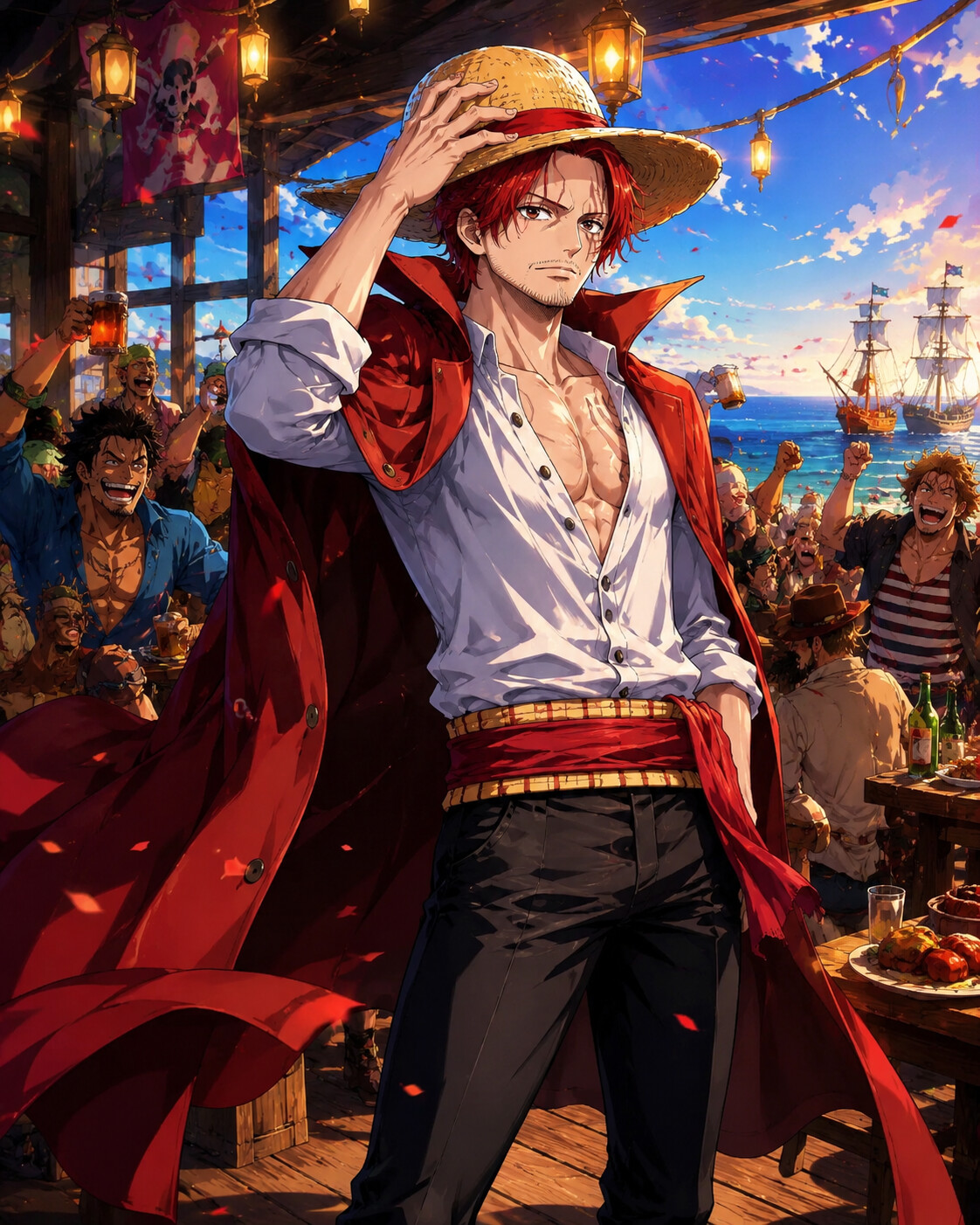 Adjusting his straw hat in the wind at a rowdy seaside tavern during a party (classic 90s anime aesthetic)