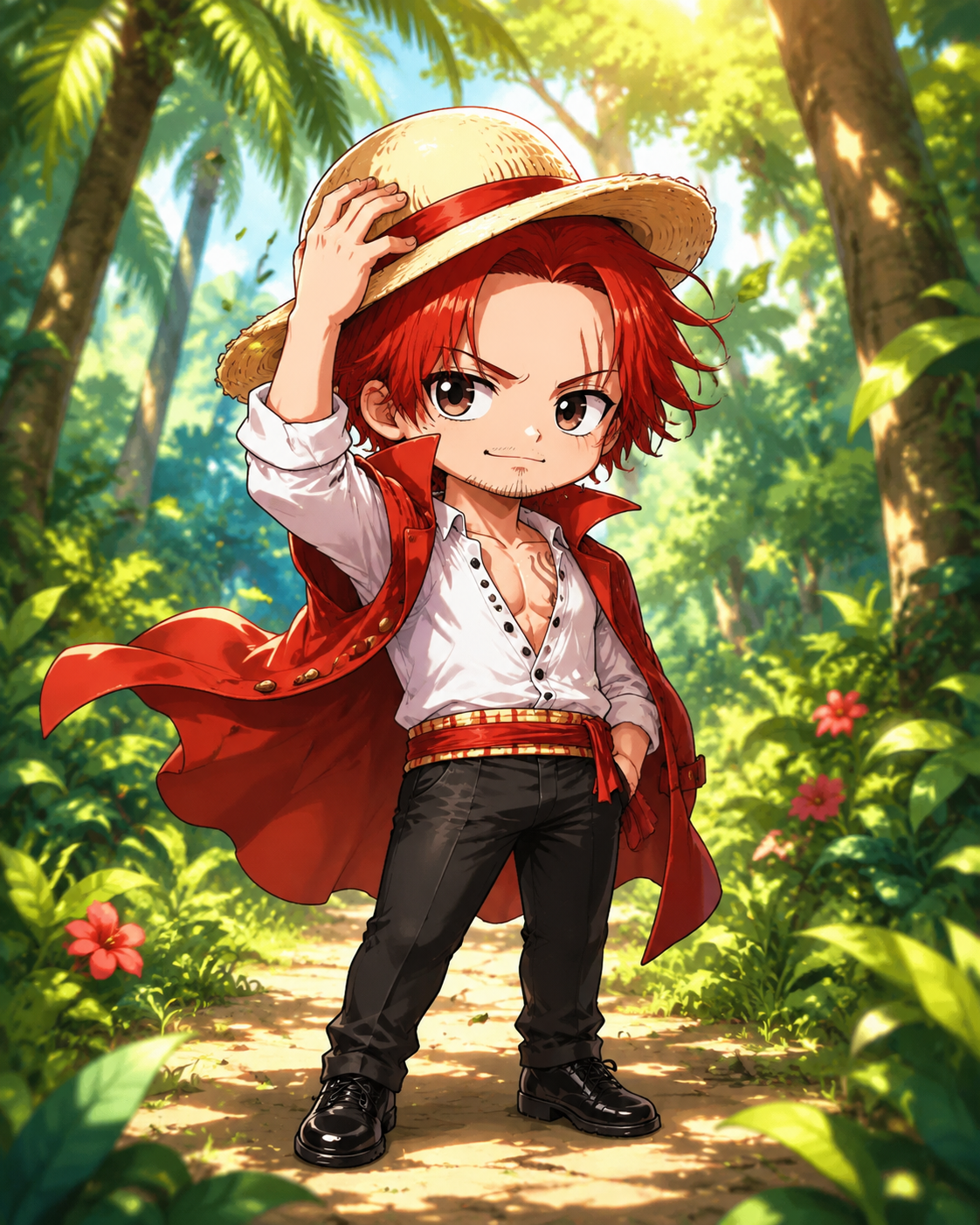 Adjusting his straw hat in the wind In a lush tropical forest with dappled sunlight (chibi style, bright colors and playful lines)