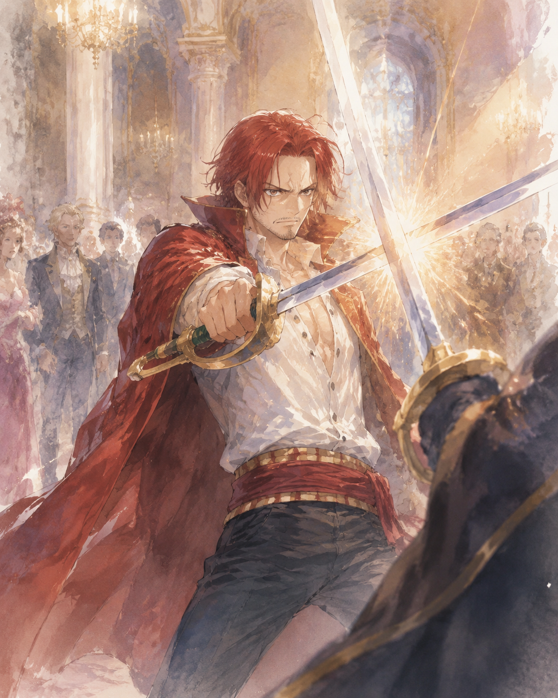Clashing swords with a powerful unseen rival At a formal gathering in a grand palace (soft watercolor illustration, ethereal glow)