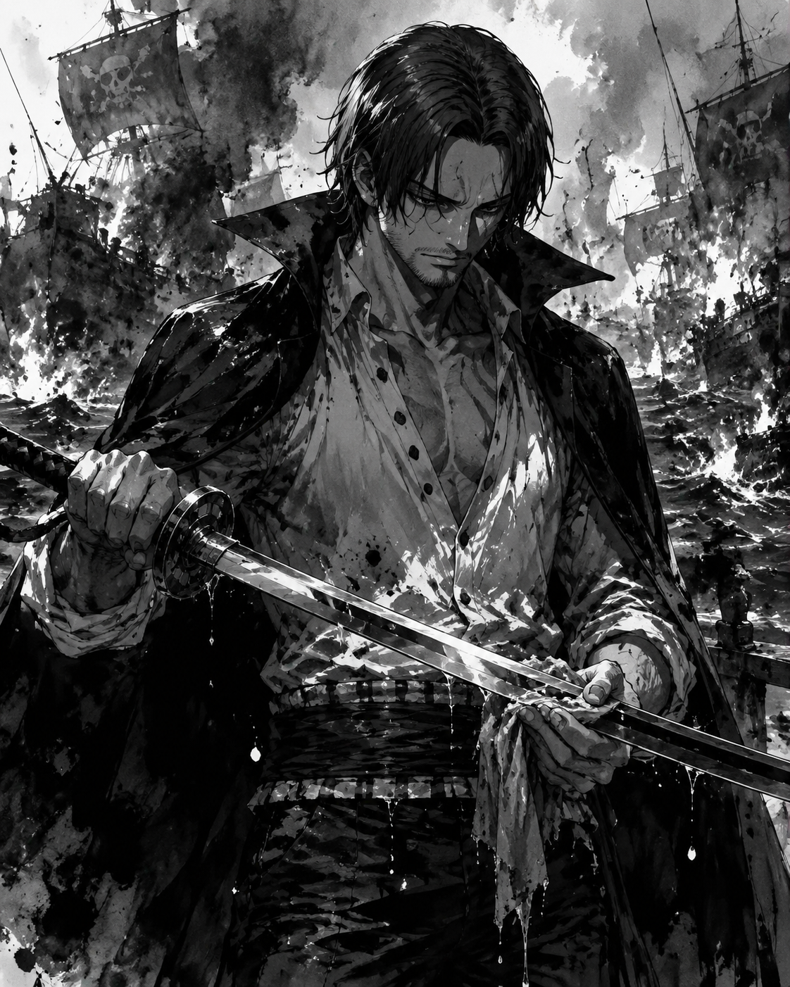 Cleaning the blade of his saber In the middle of a chaotic naval battle (dramatic ink wash, high contrast black and white)
