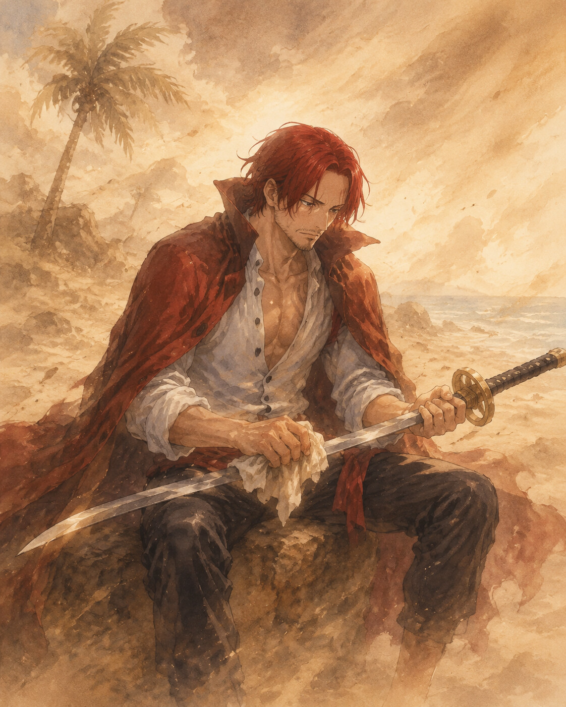 Cleaning the blade of his saber on a barren desert island during a sandstorm (soft watercolor illustration)