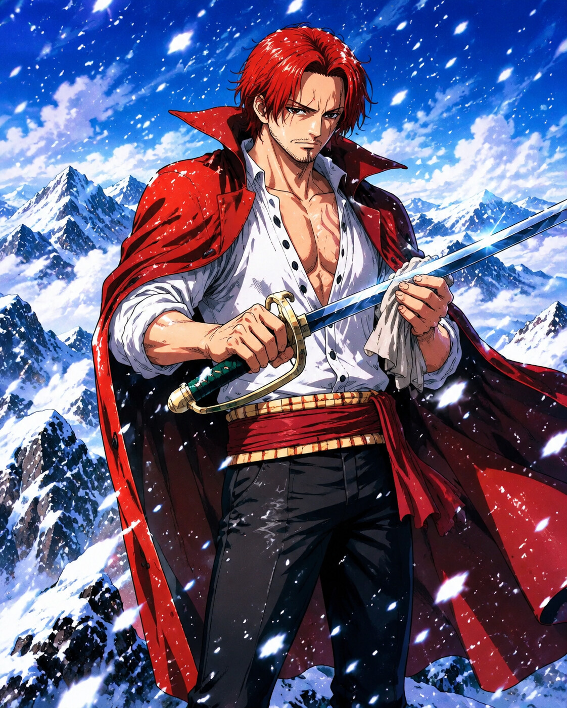 Cleaning the blade of his saber on a high mountain peak amidst falling snow (classic 90s anime aesthetic)
