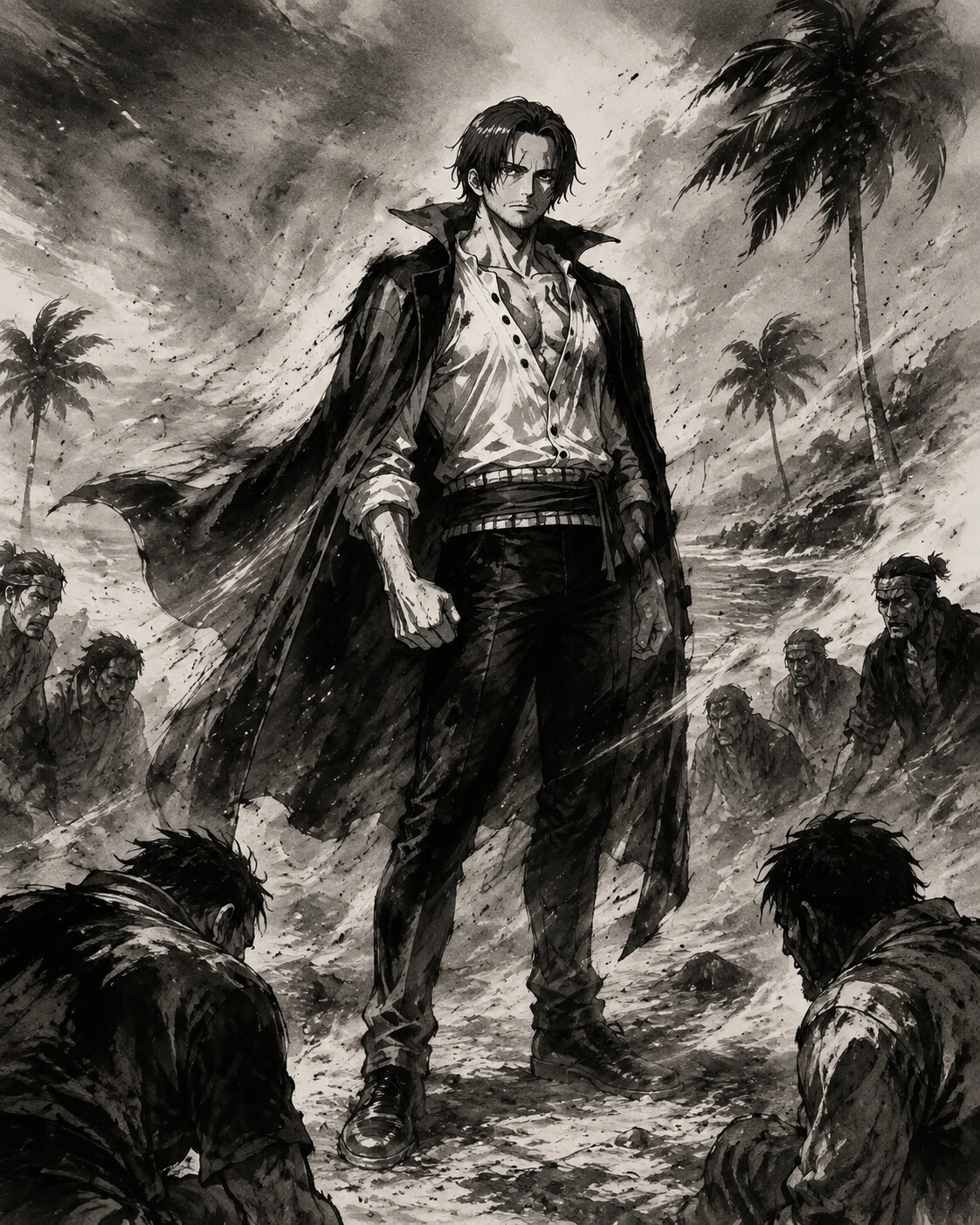 Intimidating a group of enemies with a stern gaze on a barren desert island during a sandstorm (dramatic ink wash)
