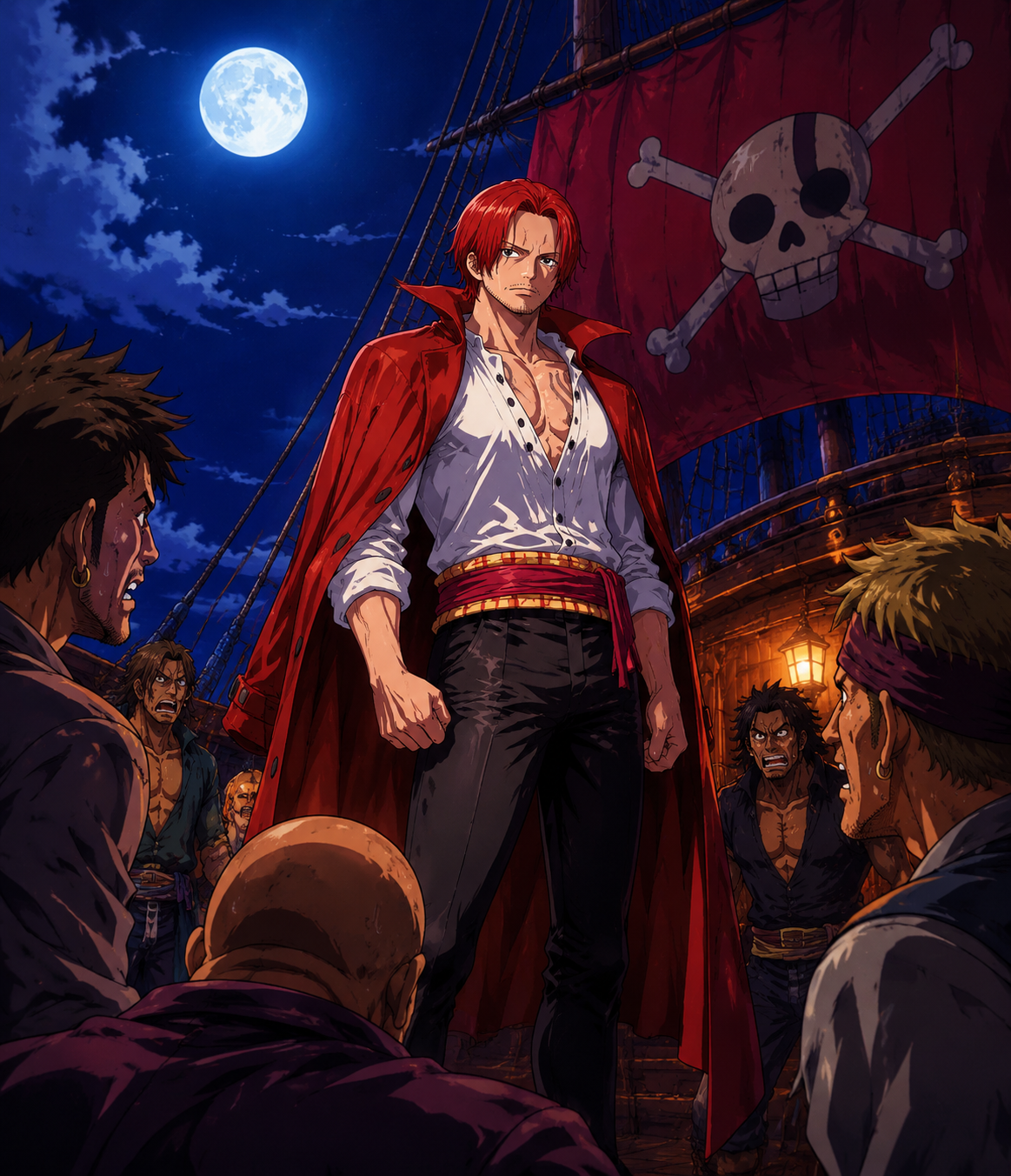 Intimidating a group of enemies with a stern gaze On the deck of the Red Force under moonlight (classic 90s anime aesthetic, vibrant colors)