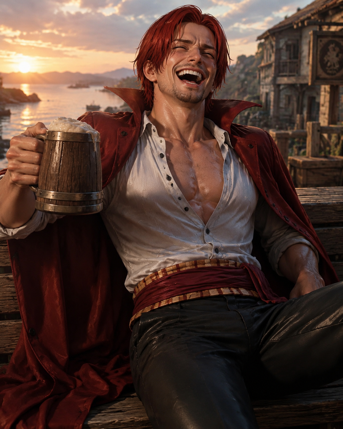Laughing heartily with a mug of ale In a quiet coastal village at dawn (modern cinematic render, hyper-realistic lighting)