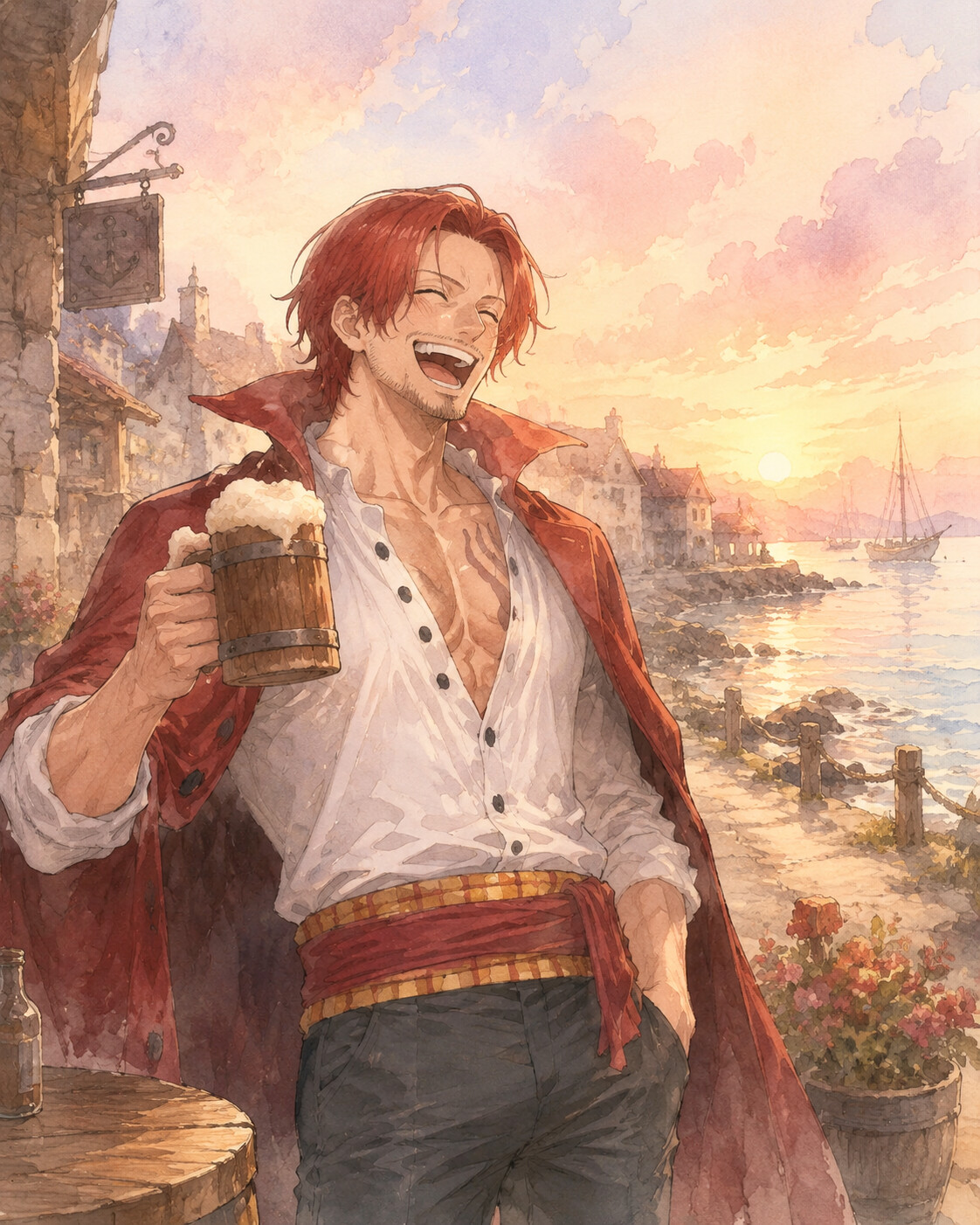 Laughing heartily with a mug of ale in a quiet coastal village at dawn (soft watercolor illustration)