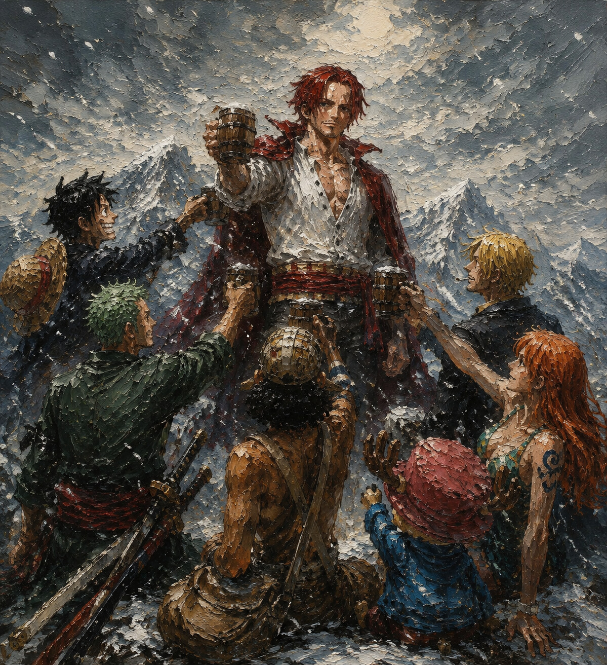 Sharing a toast with his crew members on a high mountain peak amidst falling snow (gritty oil painting)