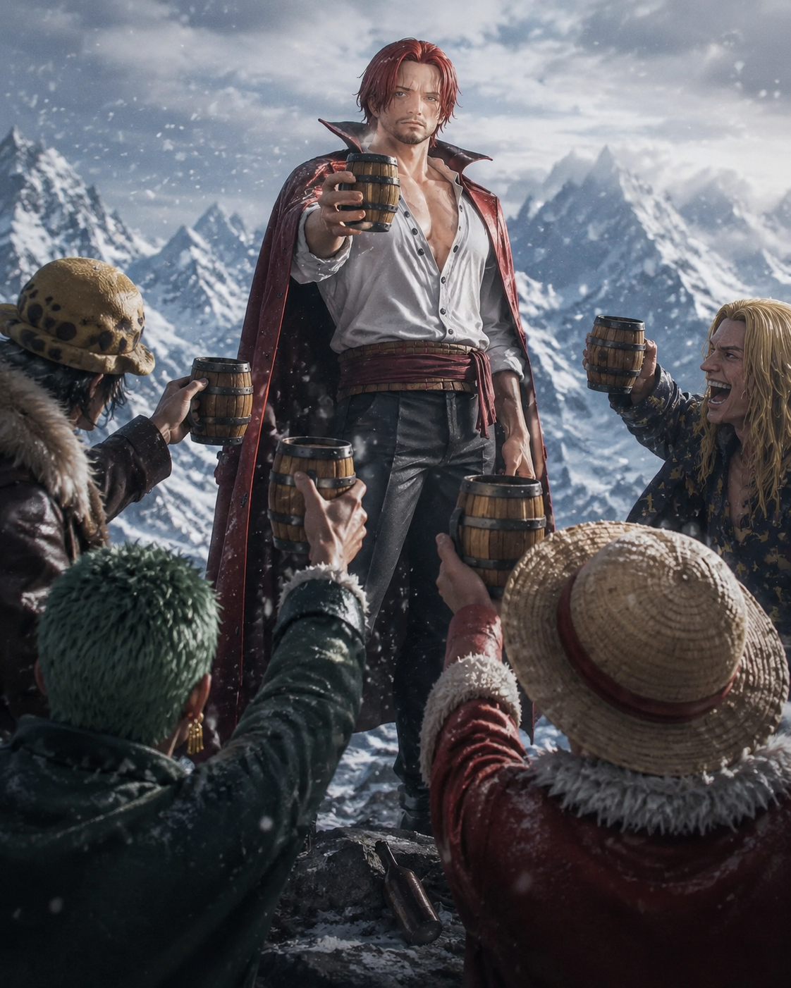 Sharing a toast with his crew members On a high mountain peak amidst falling snow (modern cinematic render, hyper-realistic lighting)