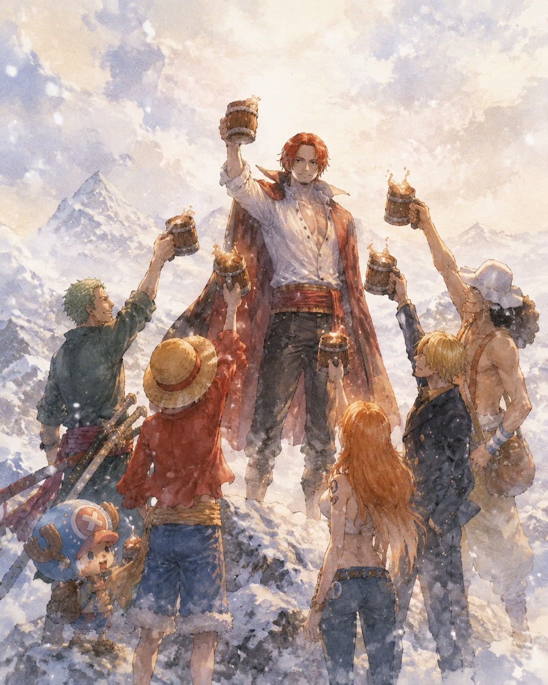 Sharing a toast with his crew members On a high mountain peak amidst falling snow (soft watercolor illustration, ethereal glow)