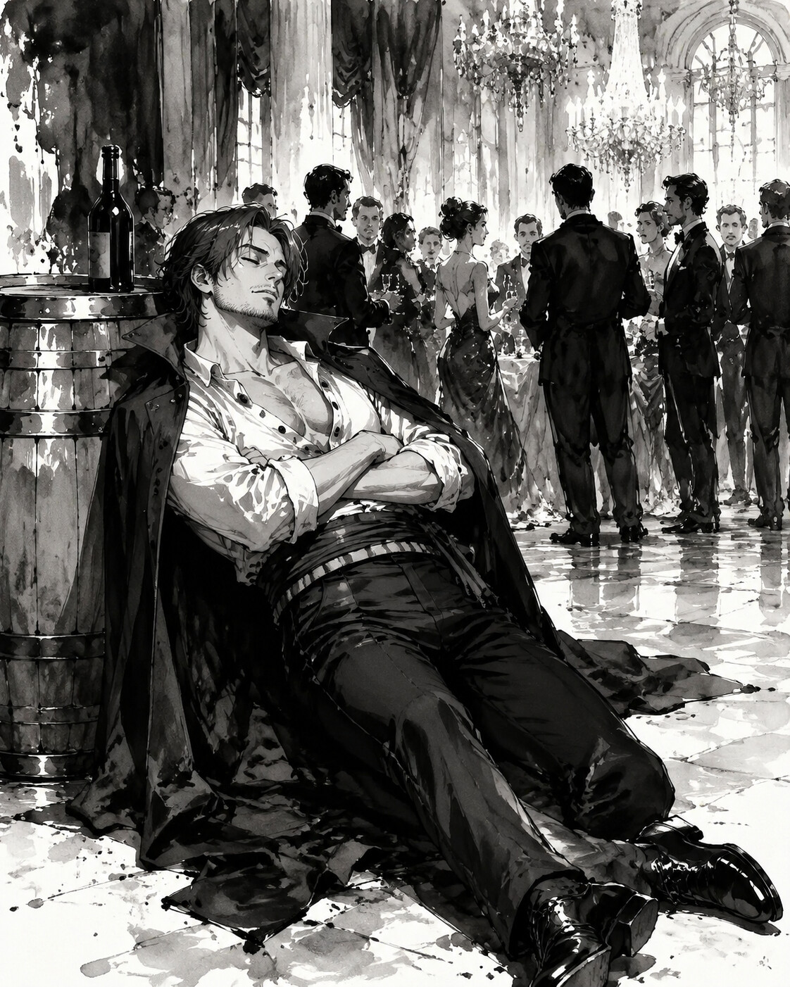 Sleeping soundly against a wooden barrel at a formal gathering in a grand palace (dramatic ink wash)