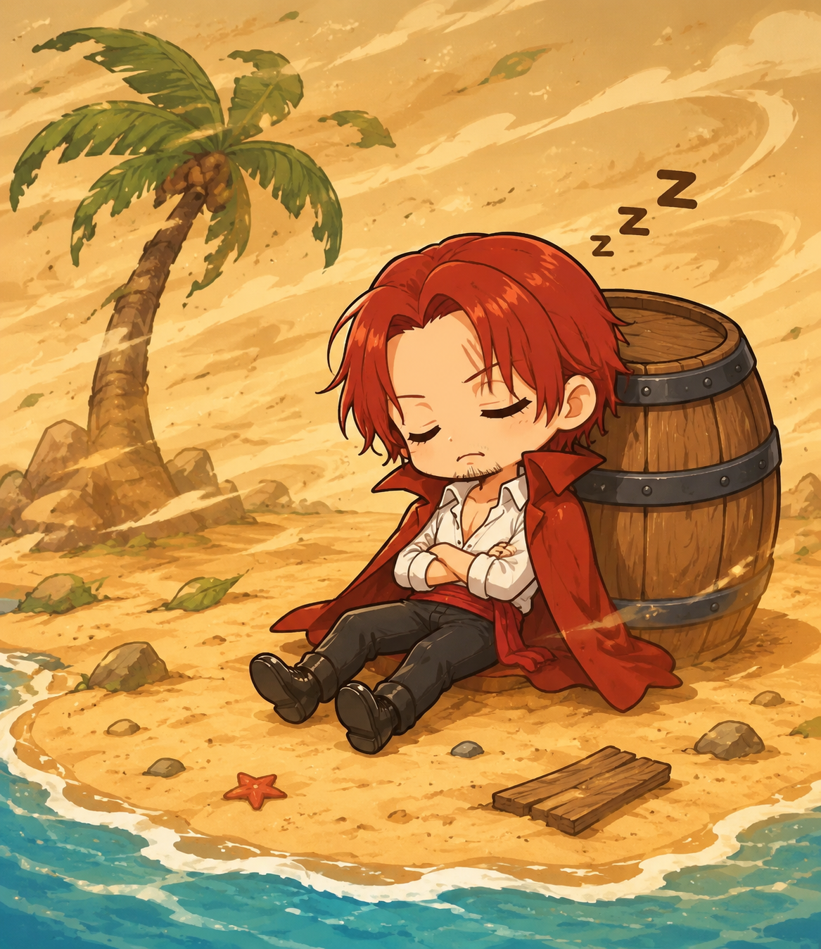 Sleeping soundly against a wooden barrel On a barren desert island during a sandstorm (chibi style, bright colors and playful lines)