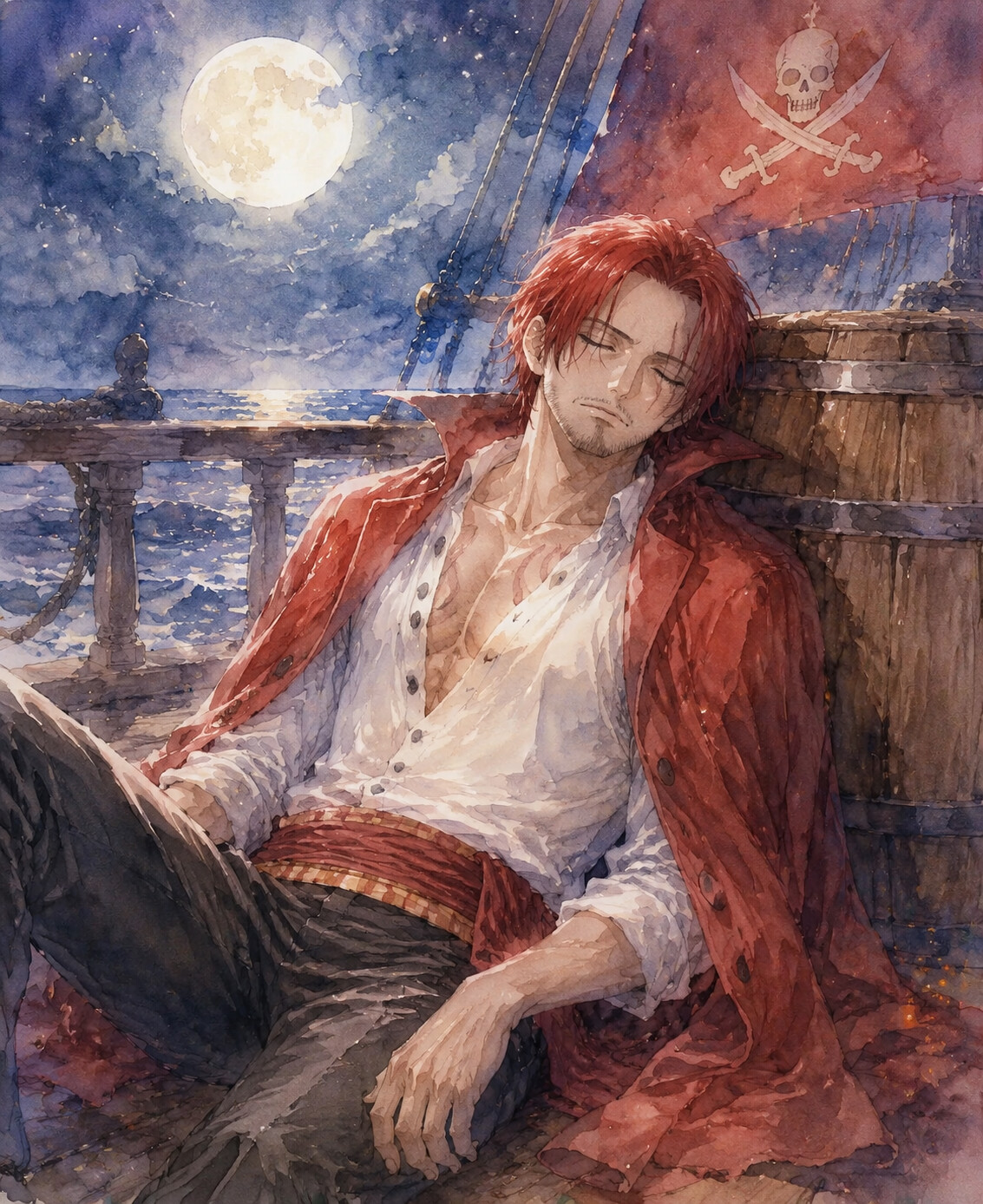 Sleeping soundly against a wooden barrel on the deck of the Red Force under moonlight (soft watercolor illustration)