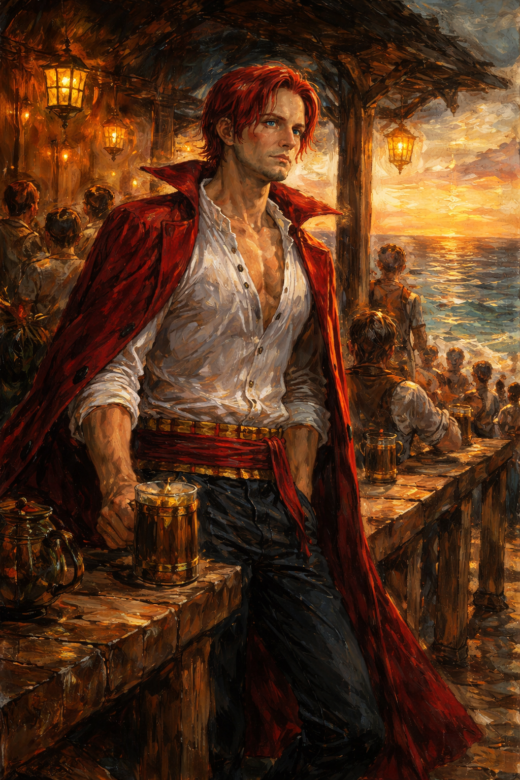Staring out at the sunset with a somber expression At a rowdy seaside tavern during a party (gritty oil painting, thick impasto strokes)