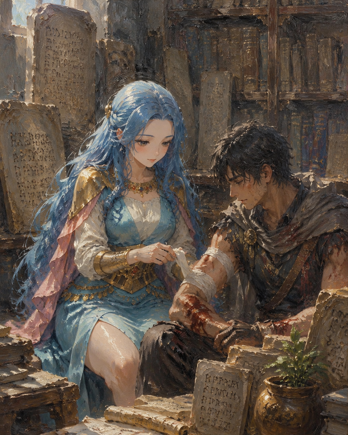 Bandaging a wounded rebel's arm with care In a quiet library surrounded by ancient stone tablets (ethereal oil painting, thick impasto brushwork)